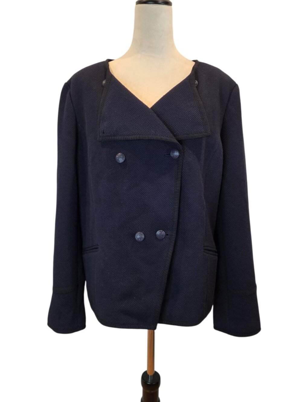 Talbots Double Breasted Blazer Jacket Navy Textured Knit Classic SZ 18